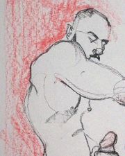 expressive hand-drawn sketch of a male figure seated in a dynamic pose, artistic line drawing with red accents