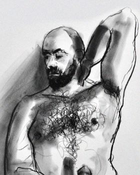 artistic black and white sketch of a male figure with beard, chest hair and raised arm, expressive line drawing style